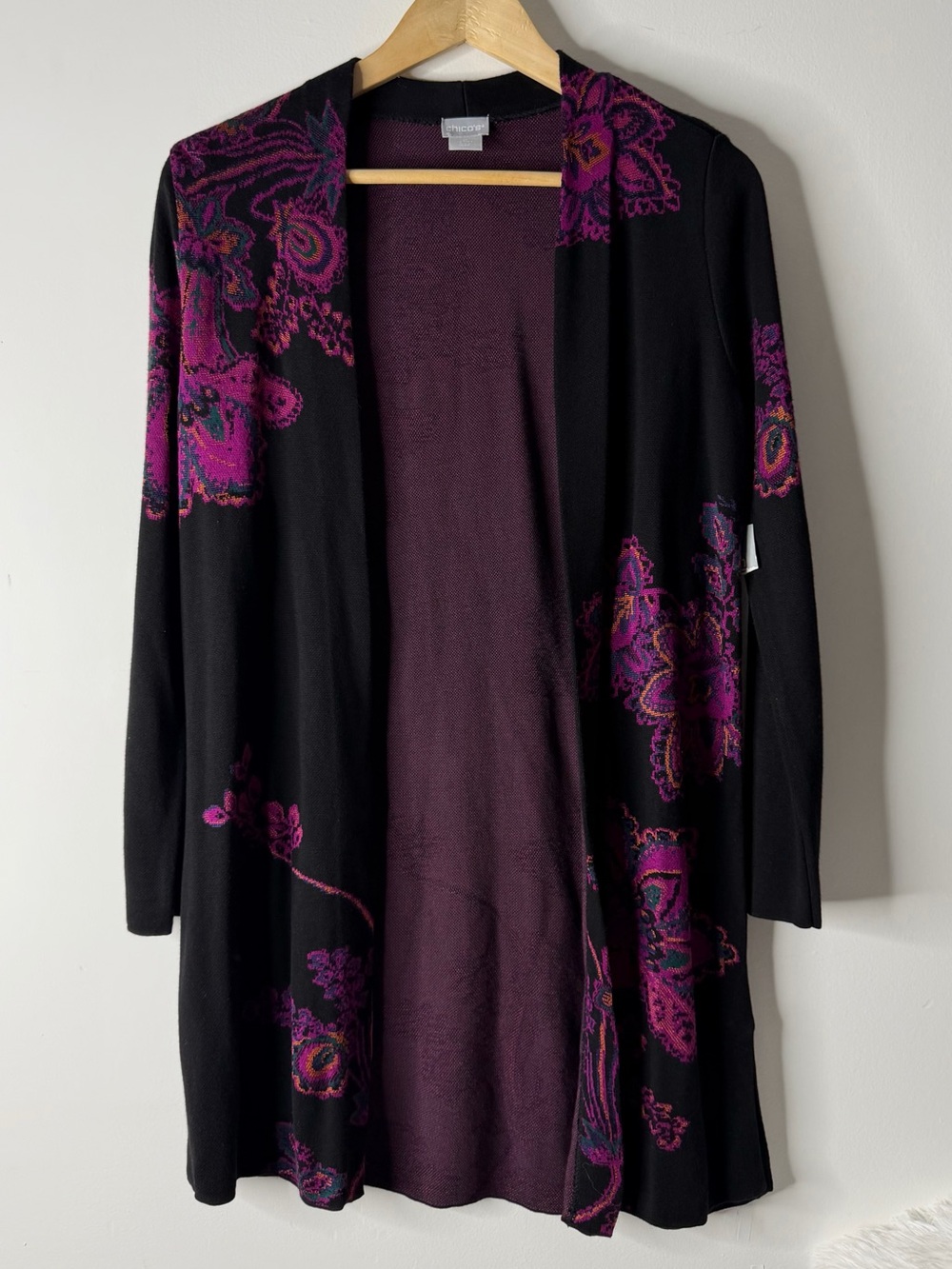 Chico's Black Cardigan with Purple Floral Jacquard